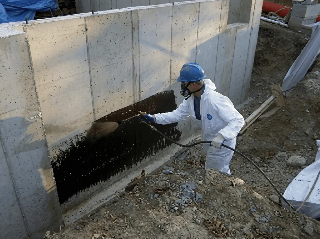 Professional waterproofing the exterior walls of the basement in Madison, WI